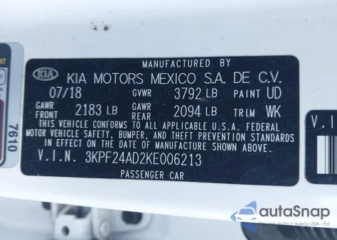 2019 Kia Forte Lxs z USA, uszkodzony, nr VIN 3KPF24AD2KE006213